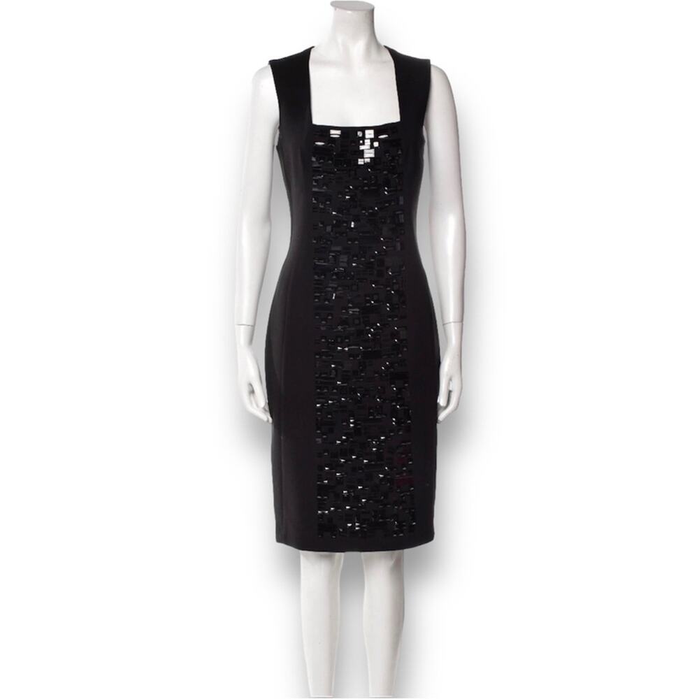 AKRIS Black Dress Size 16 Square Neck Knee Length Stud Embellishments MSRP $2500